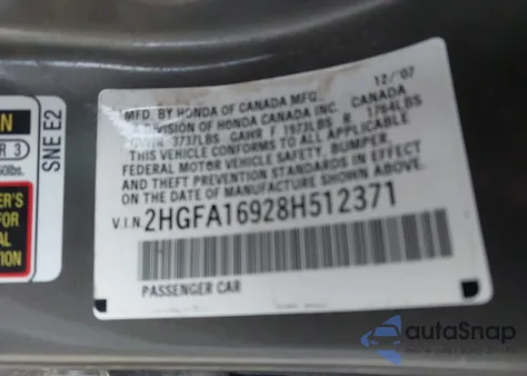 2008 Honda Civic Ex-L из США, поврежденный, VIN 2HGFA16928H512371